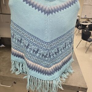 Alpaca Quitex Blue Patterned Women's Alpaca Wool Poncho